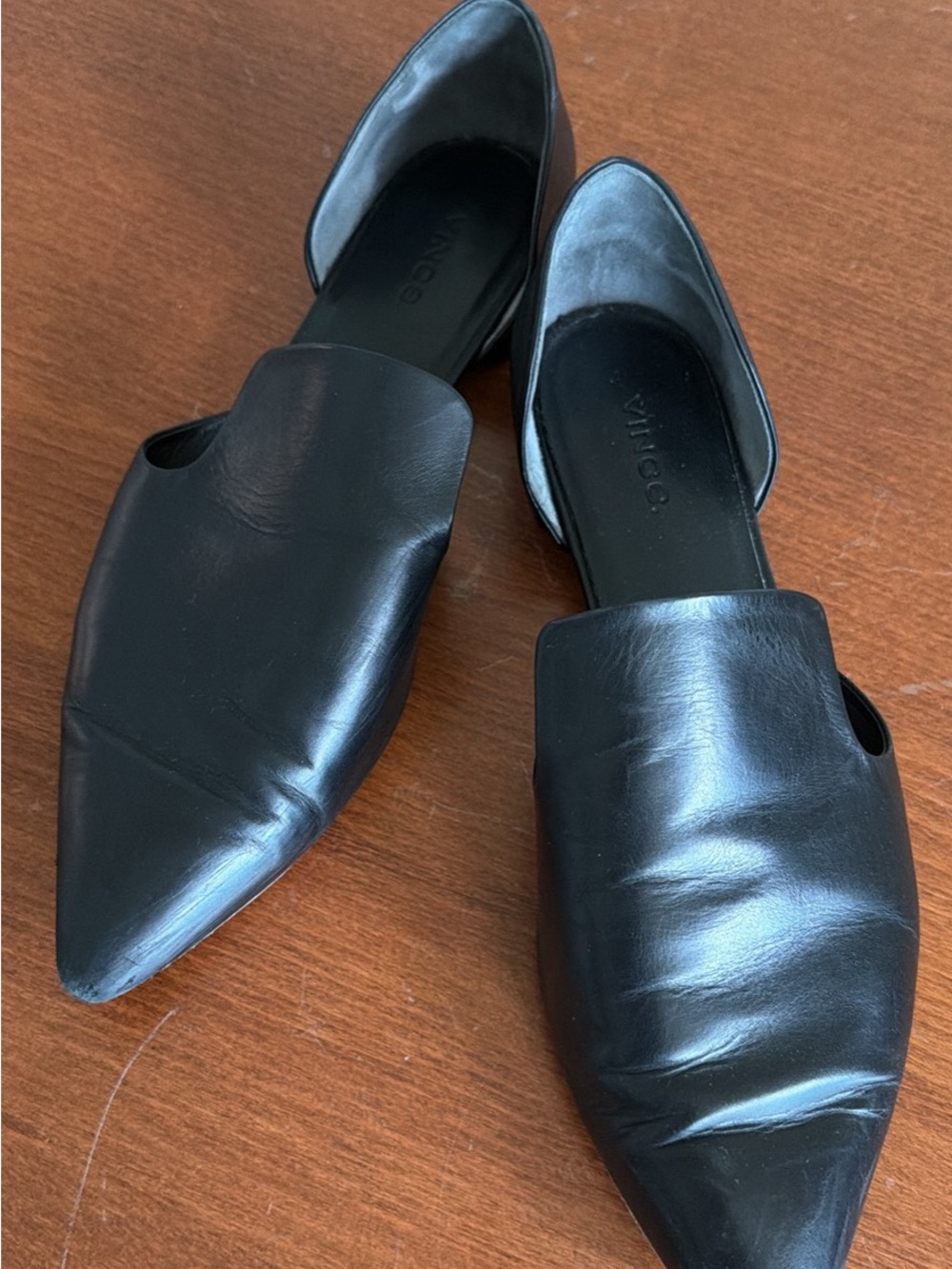 Vince Black Leather Pointed Toe D'Orsay Flats